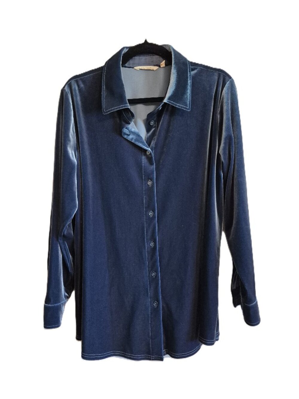 Soft Surroundings L Velvet Textured Boyfriend Tunic Button Up Poets Shirt Blue